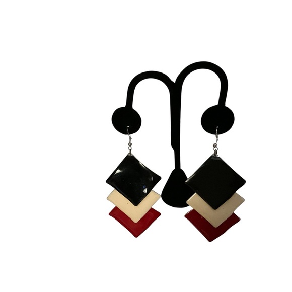 Retro Black Cream Red Enamel Silver Toned Metal Shepherds Hook Dangle Earrings - Picture 3 of 12